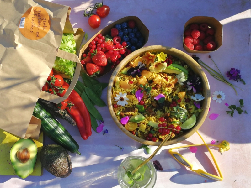 Rijstsalade met chili jackfruit