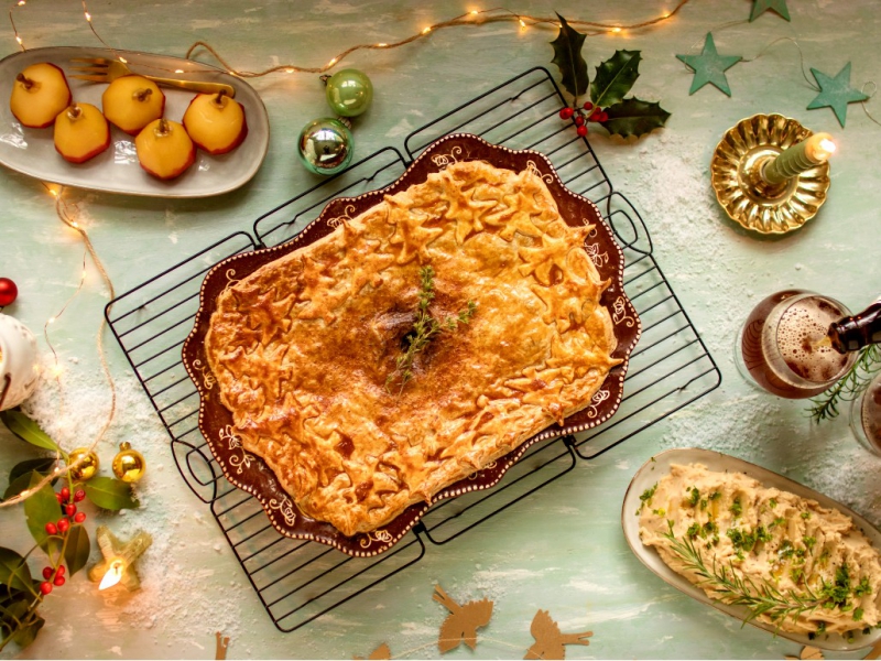 Steak pie met kastanjes en bier