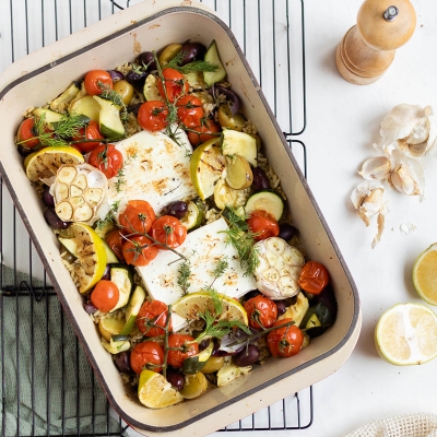 Griekse traybake met feta en orzo