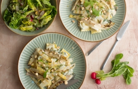 Ravioli met asperges, witlof en hazelnoot