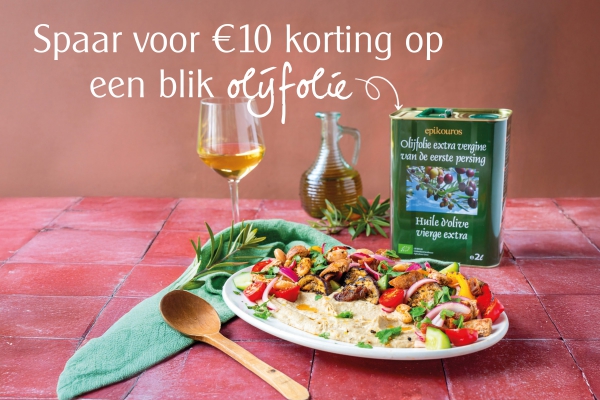 Spaaractie voor biologische Epikouros olijfolie bij Odin; duurzame Griekse olijfolie van eerste persing