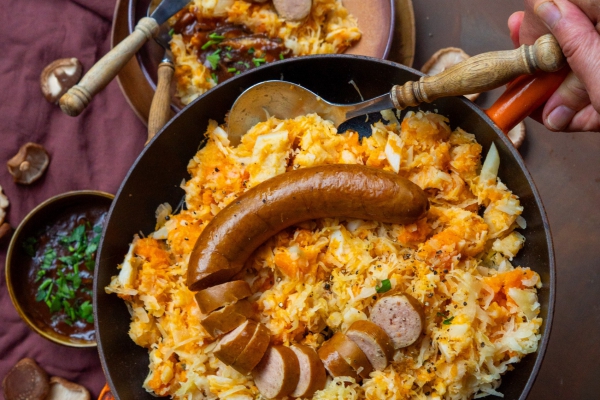 Stamppot wortelpeterselie-zuurkool met shiitake jus
