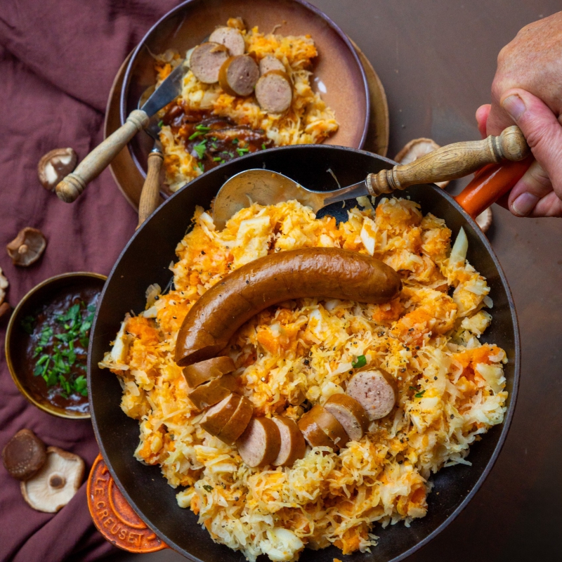 Stamppot wortelpeterselie-zuurkool met shiitake jus