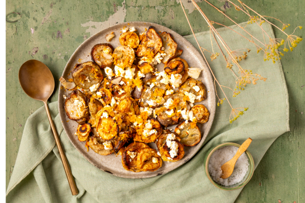 Smashed aardperen en pastinaak met feta en sinaasappel