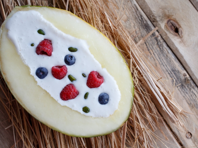 Piel de Sapo meloen met yoghurt en fruit